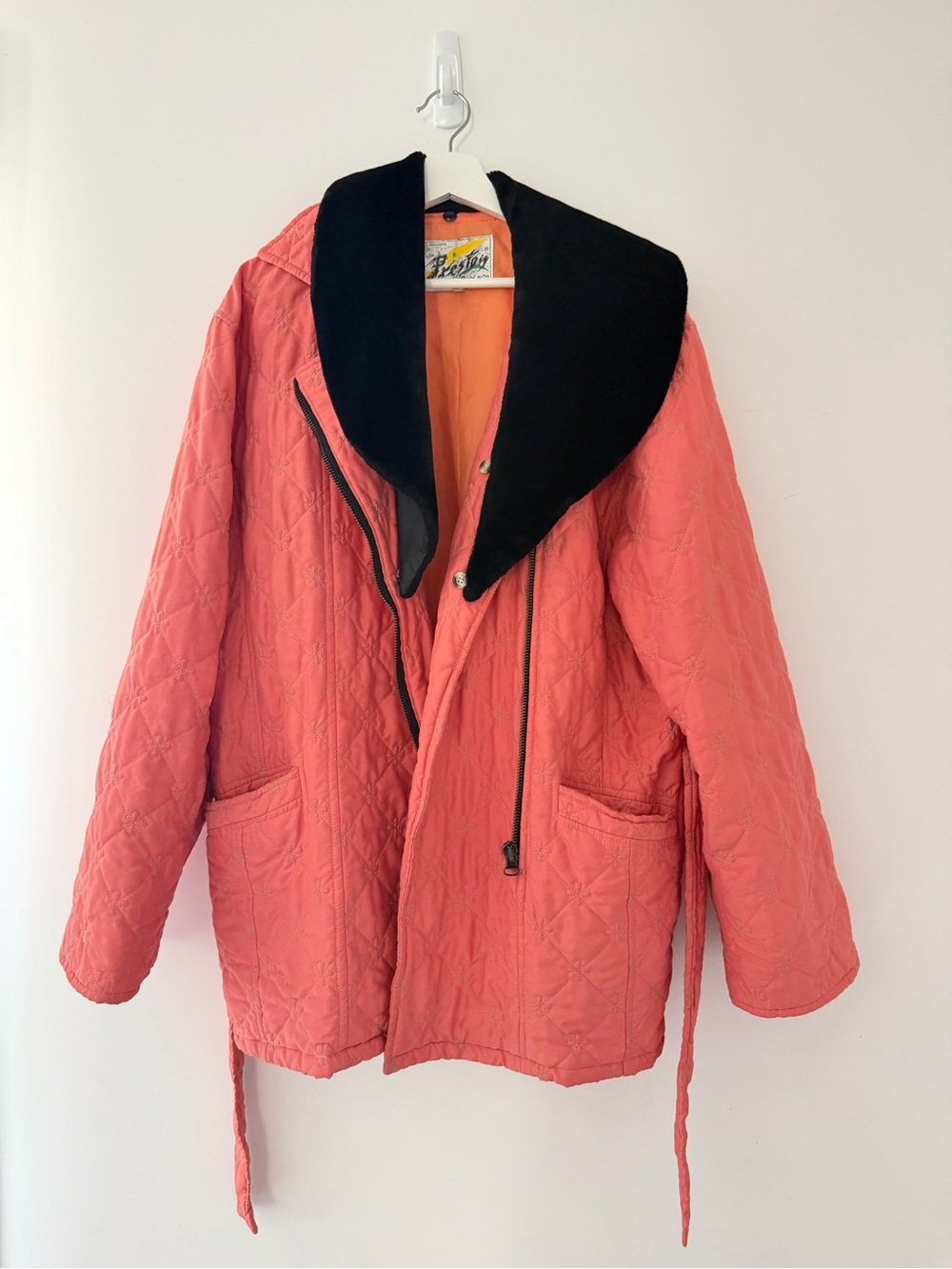 Coral Quilted Puffer Jacket with Black Shawl Collar